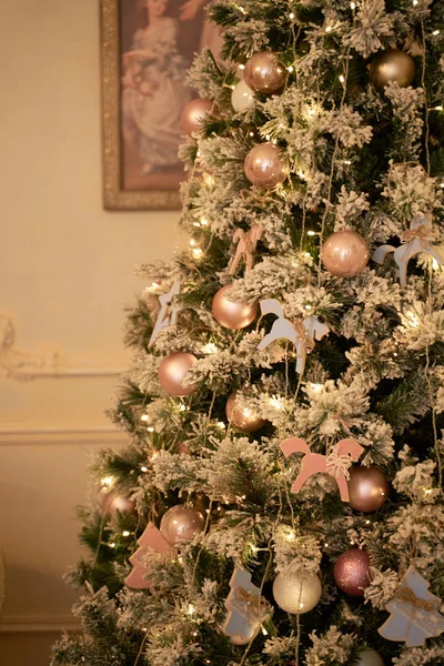 Christmas mood, Christmas tree, merry holidays. Christmas gift box, Blurred background, bokeh.