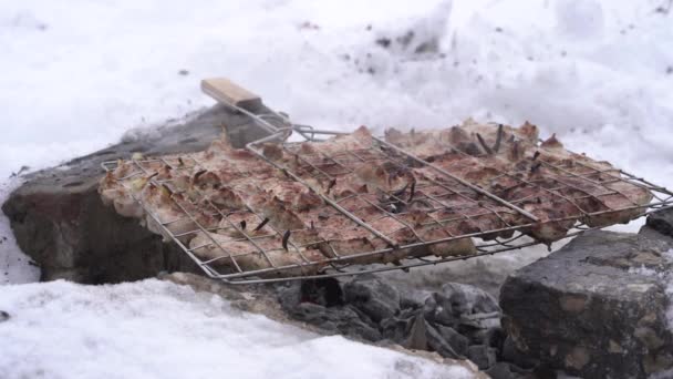 Domowe Grillowanie Brzegu Pokrytej Śniegiem Rzeki Gotowanie Wędkowanie Żywności — Wideo stockowe