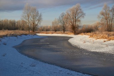 Kışın ağaçlar taze karla kaplıdır. Kış gölündeki ilk buz..
