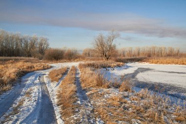 Kışın ağaçlar taze karla kaplıdır. Kış gölündeki ilk buz..