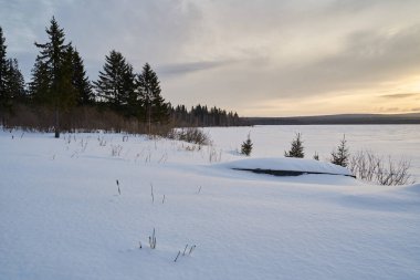 Şafak vakti karla kaplı göl ve kıyıda tekneler. Dağlarda karla kaplı köknar ağaçları olan kış ormanı..