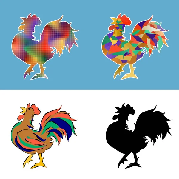 Silhouette multicolored rooster vector - Stok Vektor
