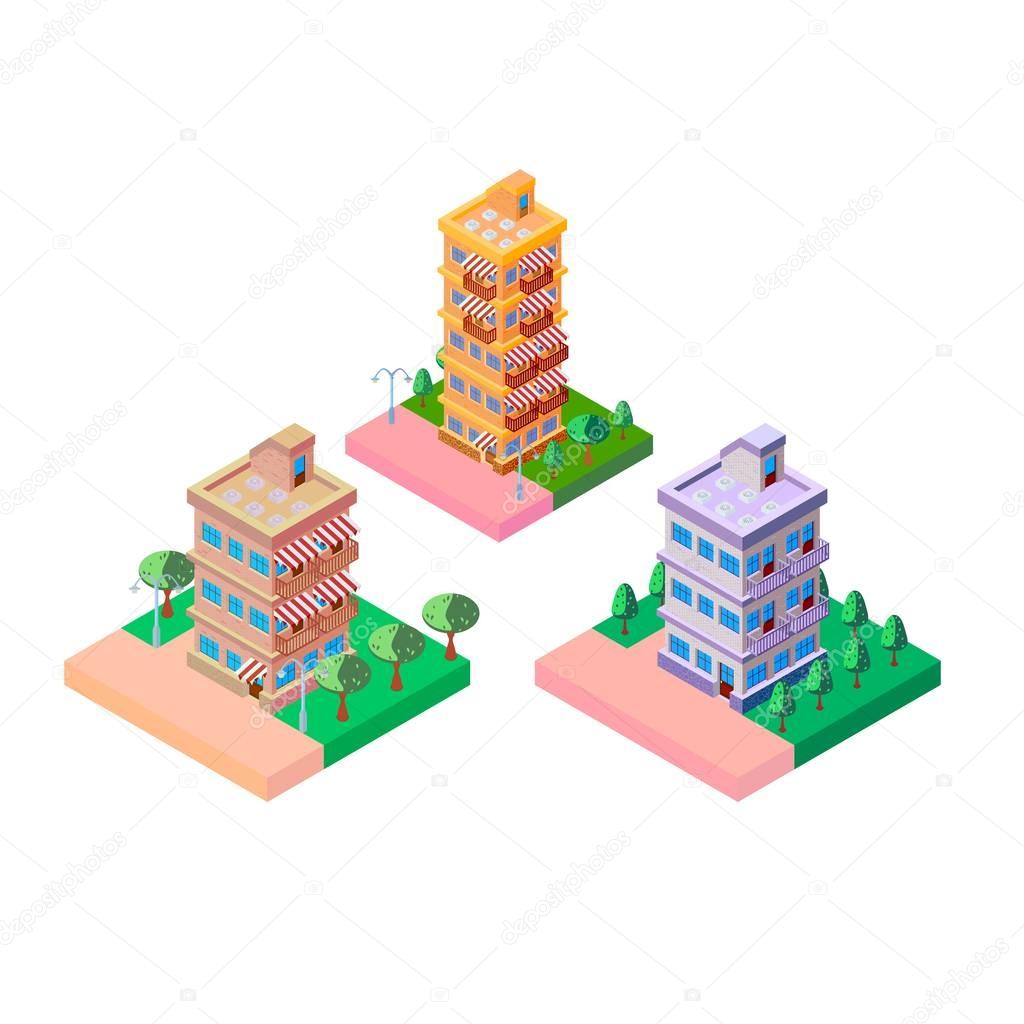 bright houses several versions of isometric vector icons