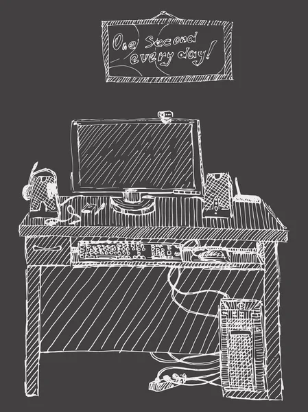 Computador com teclado no vetor de mesa ilustração em um escuro —  Vetores de Stock