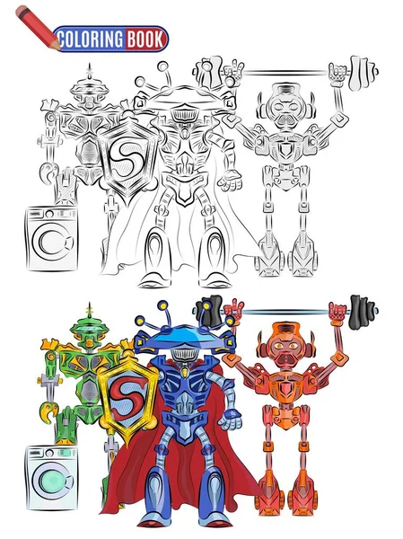 Libro colorear robots extranjeros deportistas super héroes — Vector de stock