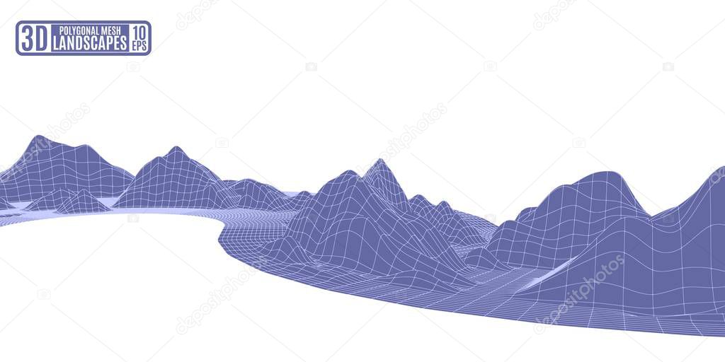 Polygonal mesh purple abstract background with mountain landscap