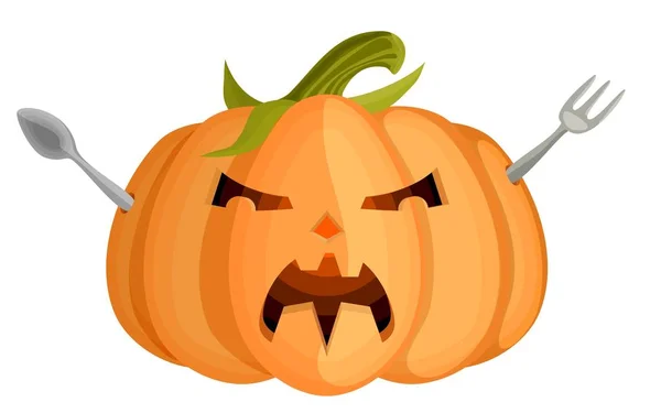 Abóbora zangada Halloween mal com talheres — Vetor de Stock