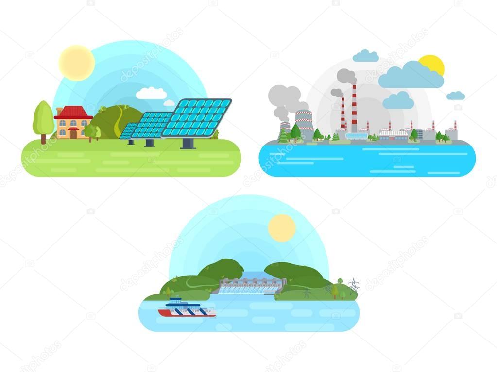 solar panels hydroelectric power plant nuclear power plant flat 