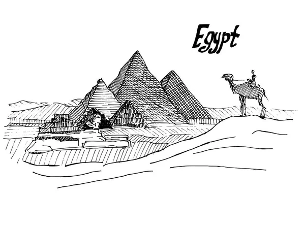 Croquis égyptien stylo pyramide sphinx et chameau avec cavalier — Image vectorielle