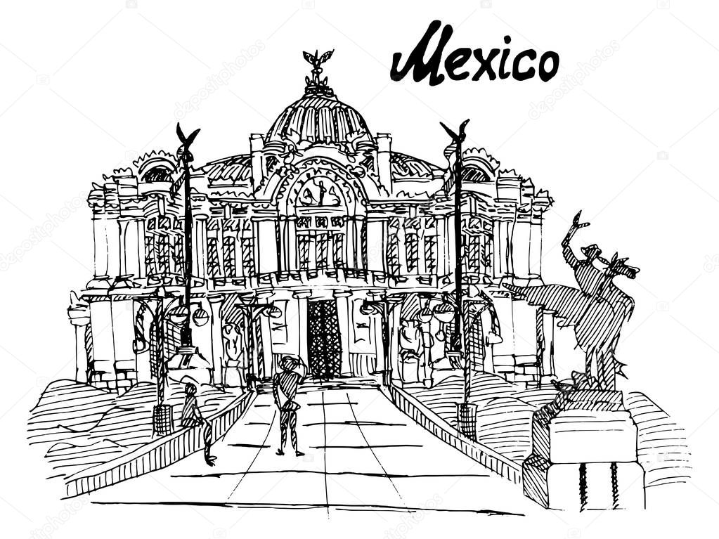 Mexican Palace of Fine Arts sketch handmade
