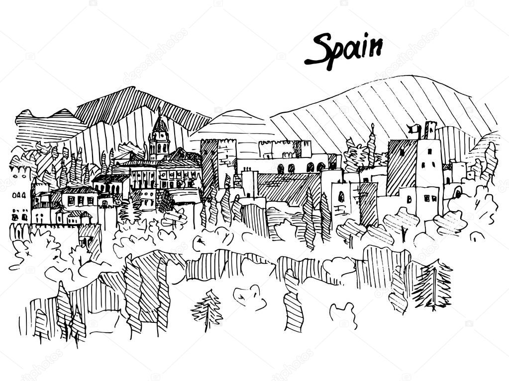 spain castle on the mountain sketch liner vector