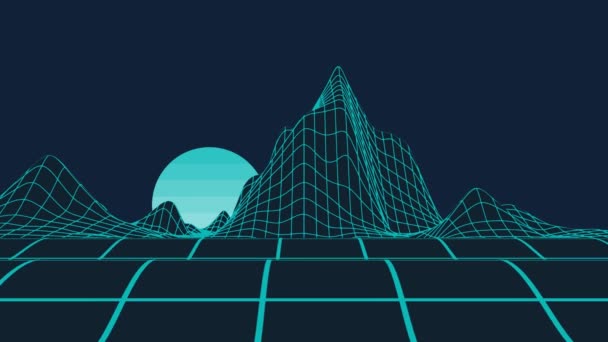Neon Computador Poligonal Montanhas Animação Vídeo Com Uma Lua Brilhante — Vídeo de Stock