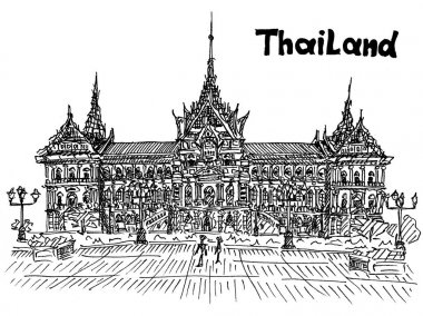 Tayland Kraliyet Sarayı gezilecek kroki tarzı vect kartpostal