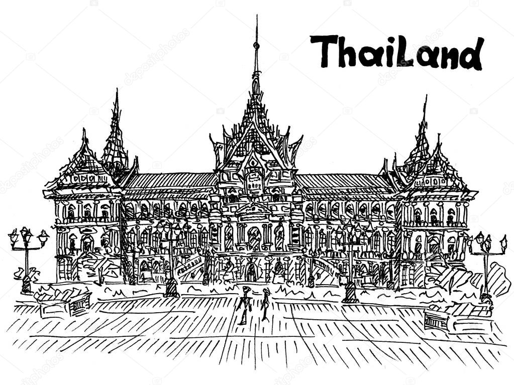 thailand royal palace sight seeing postcard in sketch style vect