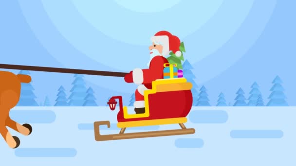 Vrolijke Heldere Santa Uitvoering Van Giften Een Besneeuwde Forest Met — Stockvideo