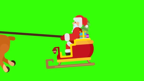 Weihnachtsmann Mit Hirsch Fährt Schlitten Mit Geschenken Auf Einem Grünen — Stockvideo
