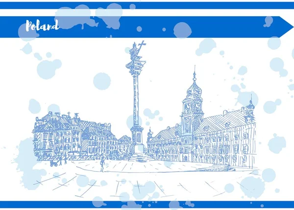 Polska pocztówka wektor w szkicu niebieski styl — Wektor stockowy