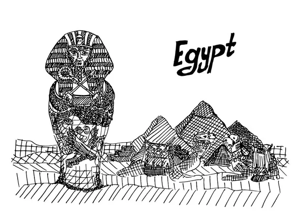 Postkarte mit dem Sarkophag des Pharaos und den Pyramiden — Stockvektor