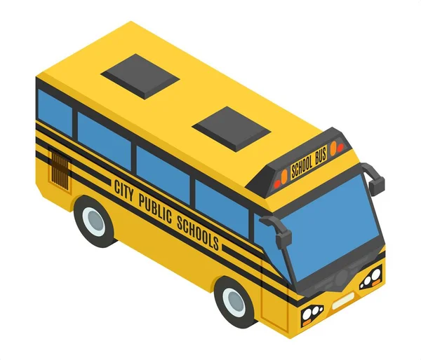 Bus isométrico pequeño amarillo con gafas azules — Vector de stock