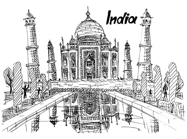 Pocztówka Indie taj mahal szkicu rysunku — Wektor stockowy