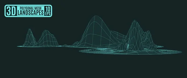 Insula verde neon a munților poligonali — Vector de stoc