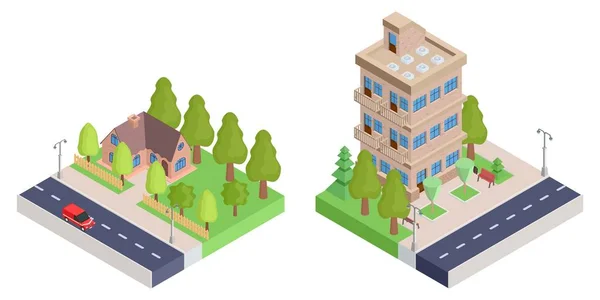 Ein Landhaus mit einem Zaun und einer Wohnung isometrischen Haus. — Stockvektor