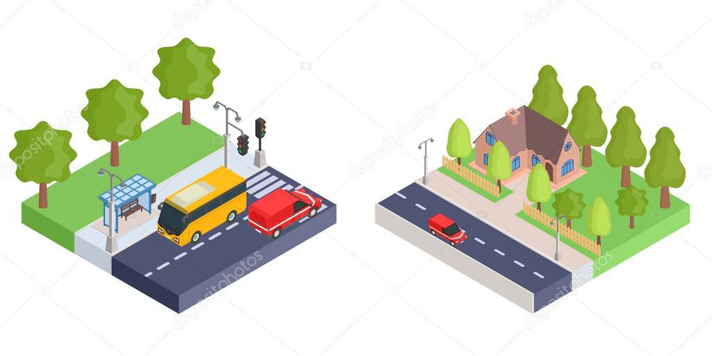 Outside isometric house and bus stop with cars.vector stock 