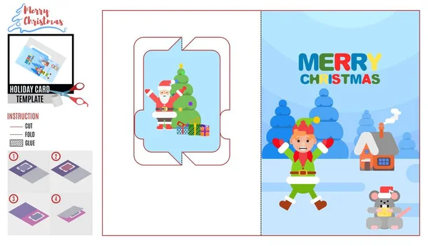 Bright card with santa claus and elf. template — Stock Vector