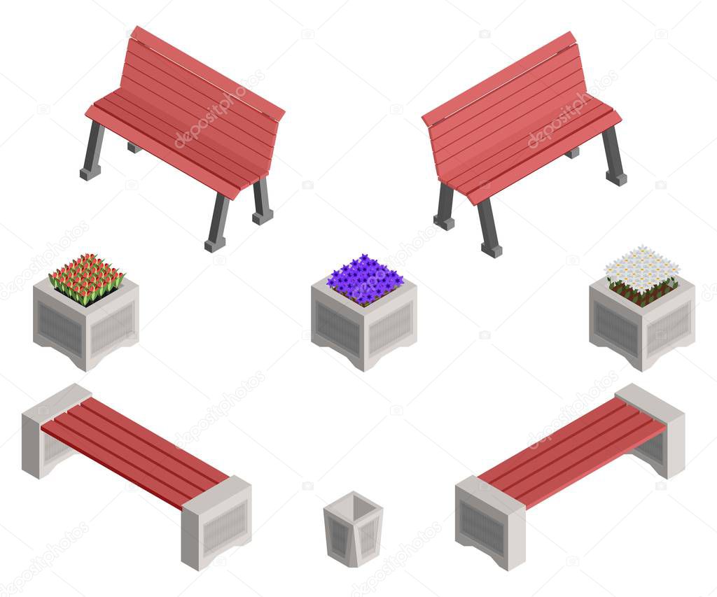 isometric benches and flower beds with flowers
