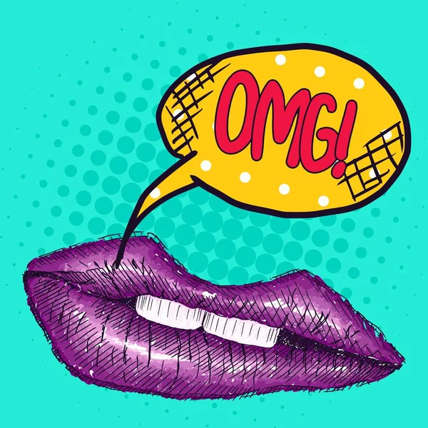 流行艺术画紫色的嘴唇与题词 — 图库照片