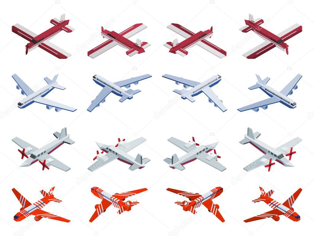 passenger and cargo aircraft isometric selection. vector illustration