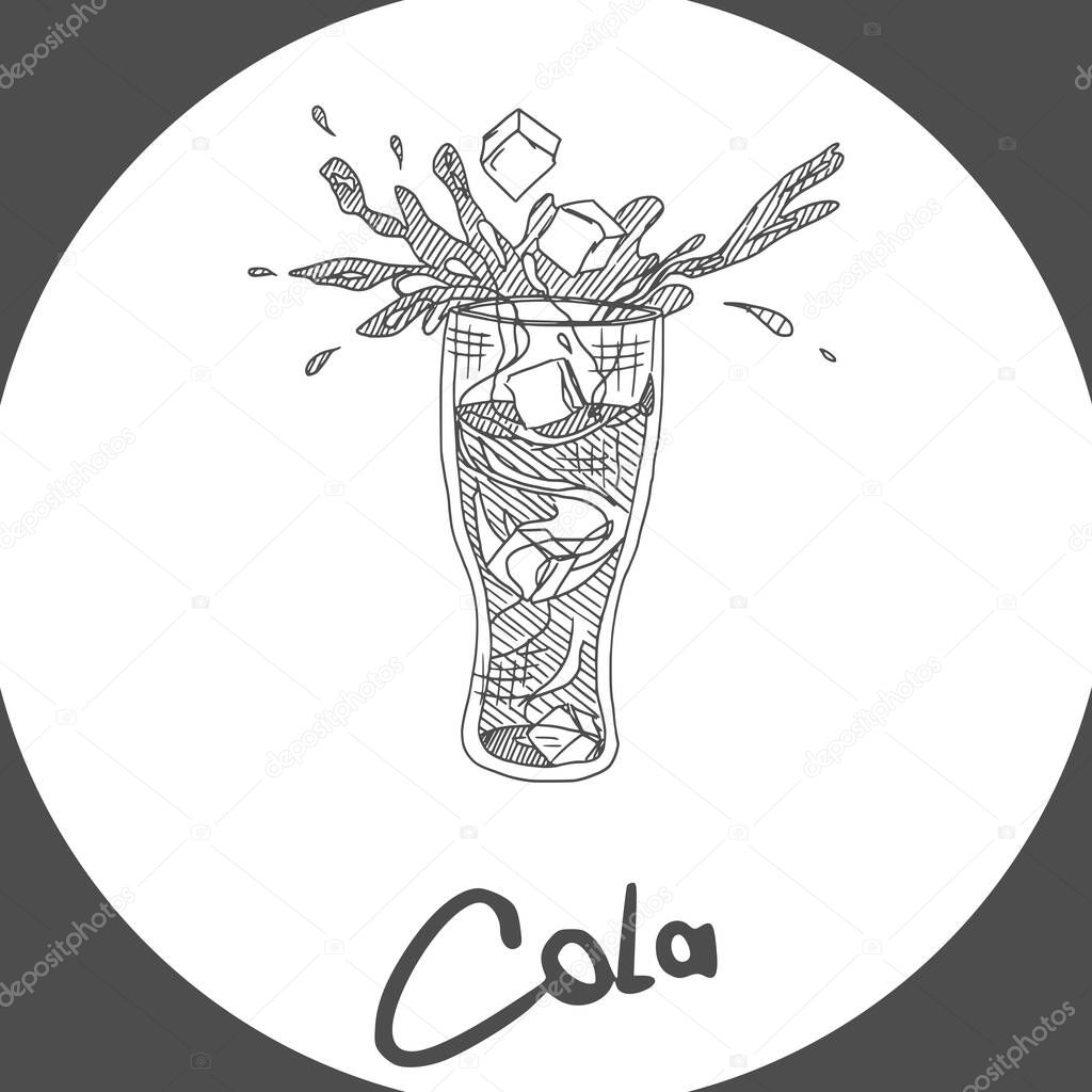 cola in a glass with ice sketch doodle drawing. vector illustration