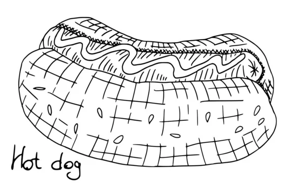Чорно Білий Малюнок Хот Дог Ковбасою Нова Векторна Стокова Ілюстрація — стоковий вектор