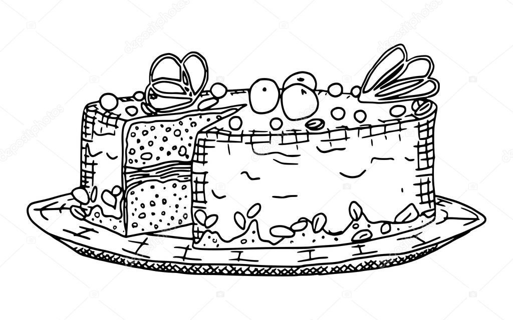 cake with chocolate doodle drawing on a white background