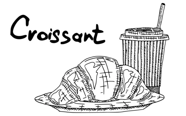 Franse Croissant Koffie Schets Doodle Vectorvoorraadafbeelding — Stockvector