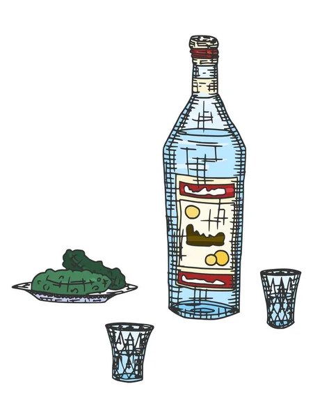 Alcohol Vodka Una Botella Vasos Con Bocadillo Vector Stock Ilustración — Vector de stock