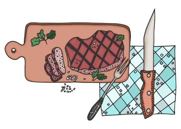 Carne Cortada Com Sal Uma Delicadeza Vetor Esboço Doodle — Vetor de Stock