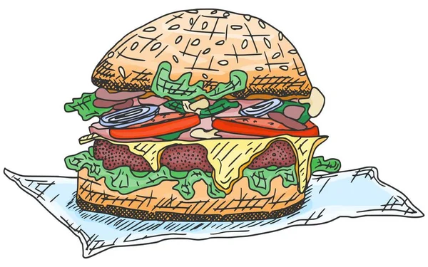 Burger Náčrtem Masa Klobás Doodle Stock Ilustrace — Stockový vektor