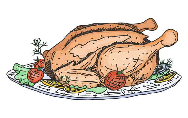 Hühnersketch Mit Frittiertem Essen Doodle Stock Illustration — Stockvektor
