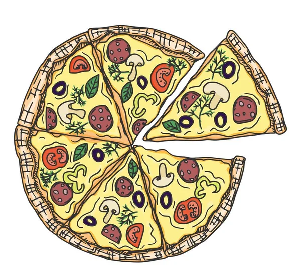 Heerlijke Italiaanse Dunne Korst Pizza Doodle Schets Vector Voorraad — Stockvector