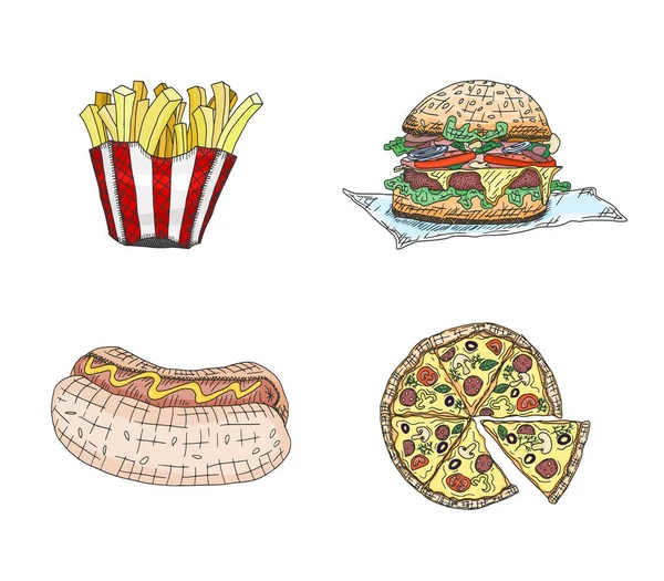 Fast Food Produtos Pizza Hot Dog Sanduíche Doodle Sketch Vector — Vetor de Stock