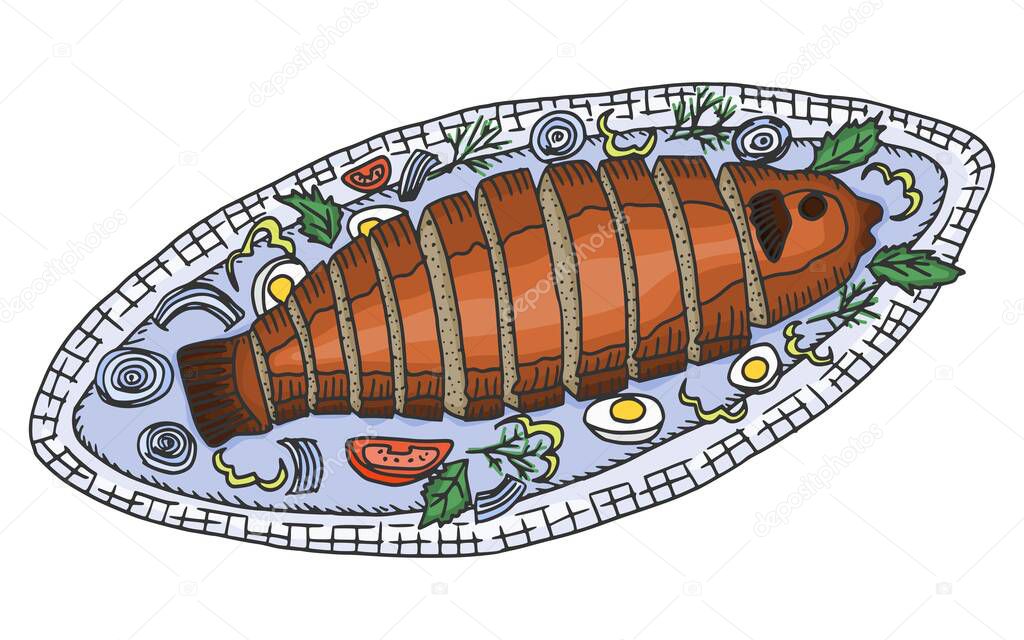fried fish stuffed on a plate. doodle sketch vector stock