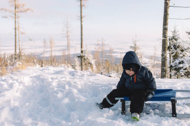 mavi ceketli küçük çocuk oturup kızak üzerinde