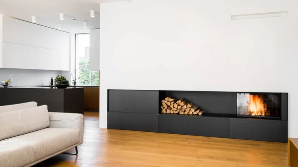 modern, minimalist fireplace in the corner of the room