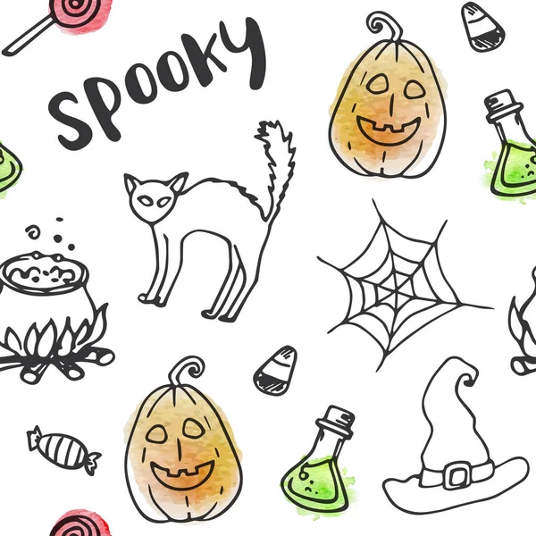 Halloween modello doodle senza soluzione di continuità — Vettoriale Stock
