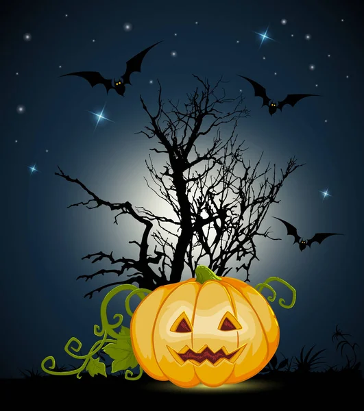 Orange Halloween pumpkin and silhouette of tree — Stock Vector
