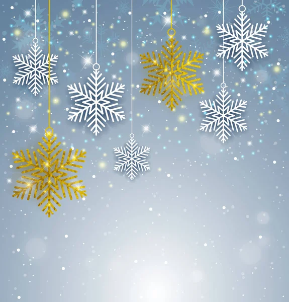 Fondo de Navidad con copos de nieve blancos y dorados — Vector de stock