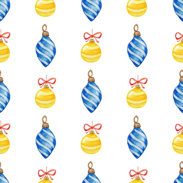 Christmas pattern with blue and yellow decorations — Stock Photo, Image