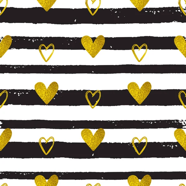 Patroon met gouden hartjes en zwarte lijnen. — Stockvector