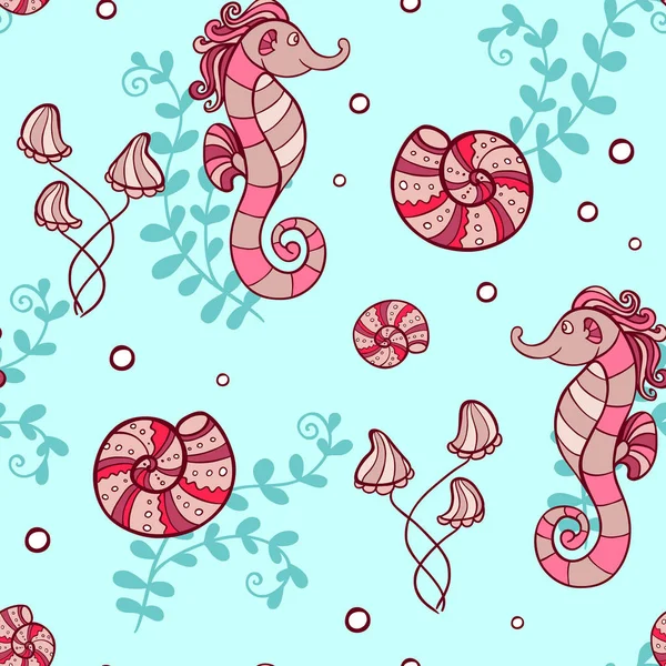 Marine seamless pattern with sea horses — Stock Vector